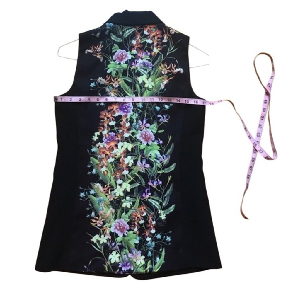 Mural Floral Graphic Back Vest Small Black Open Front Shawl Collar Art to Wear